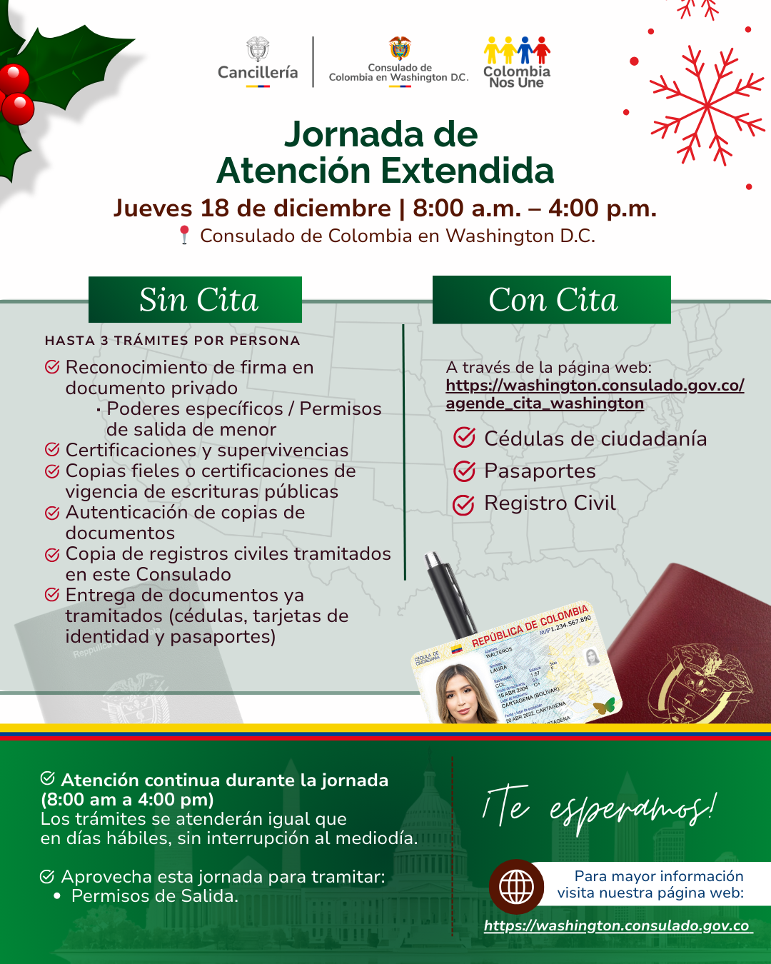 Jueves 18 de diciembre tendremos la última Jornada de Atención Extendida del año en el Consulado de Colombia en Washington D.C.