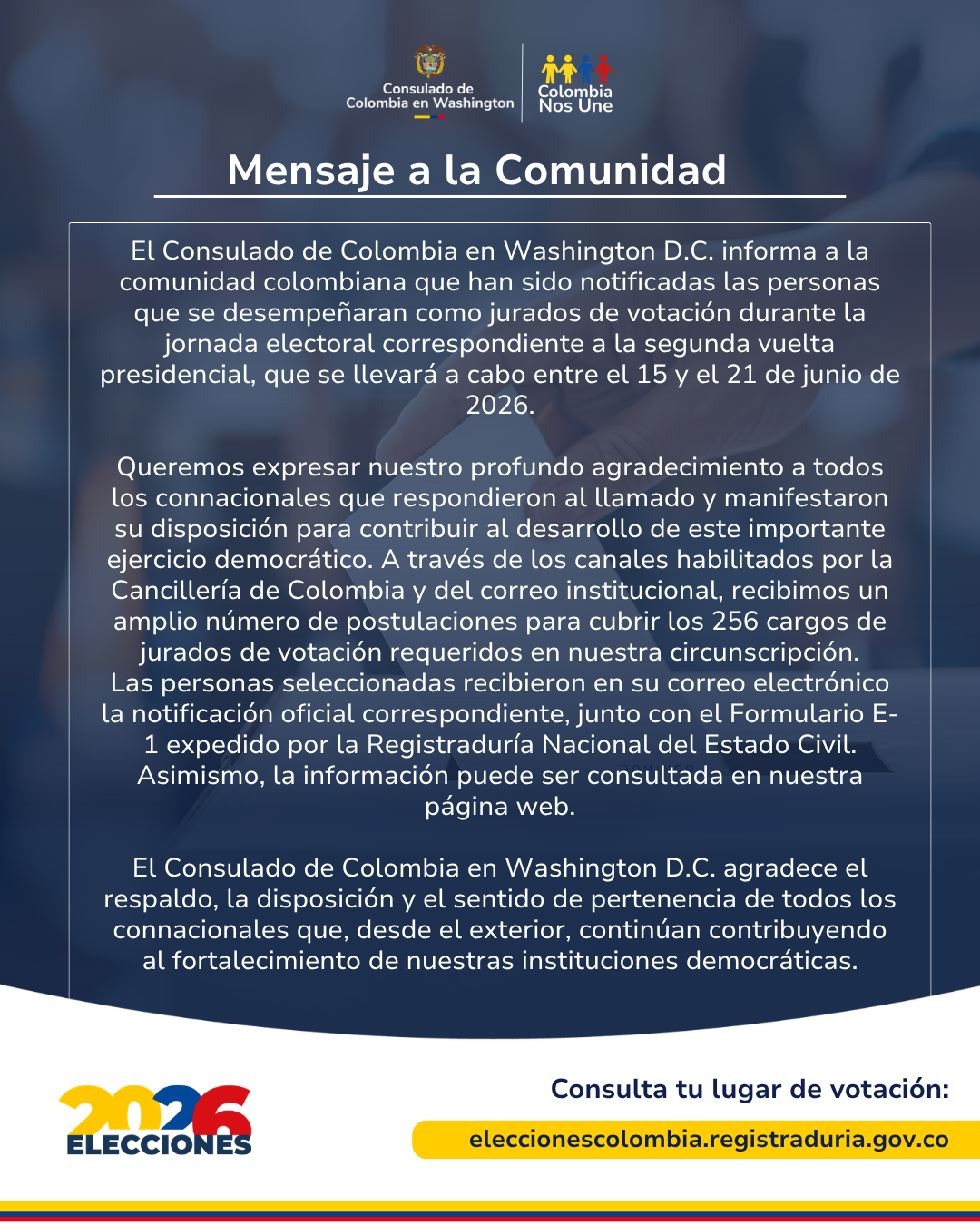 Consulado de Colombia en Washington D.C. notifica a los jurados de votación para la segunda vuelta presidencial