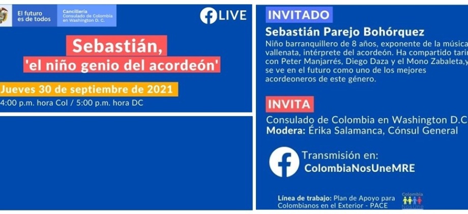 Facebook live con Sebastián, “el niño genio del acordeón” este jueves 30 de septiembre de 2021
