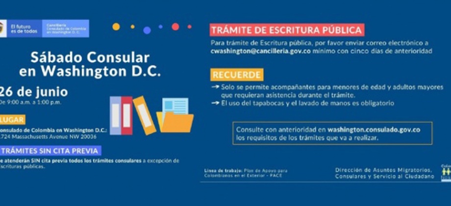 El Consulado General de Colombia en Washington D.C. invita a una jornada de sábado consular el 26 de junio de 2021