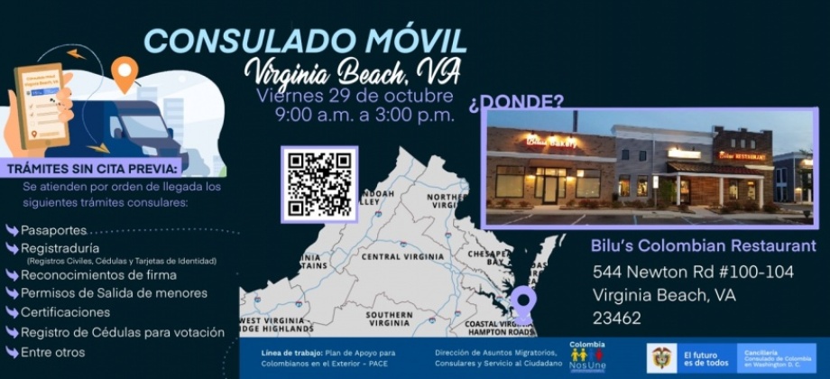 El Consulado de Colombia en Washington DC realizará una jornada móvil en Virginia Beach, el viernes 29 de octubre