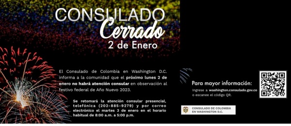 Consulado General de Colombia en Washington no tendrá atención al público lunes 2 de enero