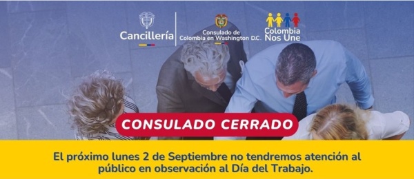 Consulado de Colombia en Washington no tendrá atención al público el lunes 2 de septiembre de 2024