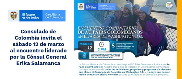 Consulado de Colombia invita el sábado 12 de marzo al encuentro liderado por la Cónsul General