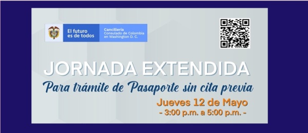 Jornada de atención extendida para trámite de pasaporte este 12 de mayo en el Consulado de Colombia en Washington