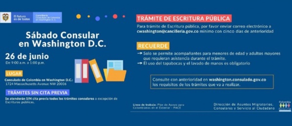 El Consulado General de Colombia en Washington D.C. invita a una jornada de sábado consular el 26 de junio de 2021
