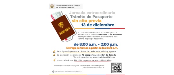 El Consulado de Colombia en Washington realizará una Jornada de Pasaportes Extraordinaria el 13 de diciembre de 2023