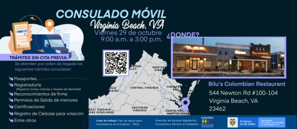 El Consulado de Colombia en Washington DC realizará una jornada móvil en Virginia Beach, el viernes 29 de octubre